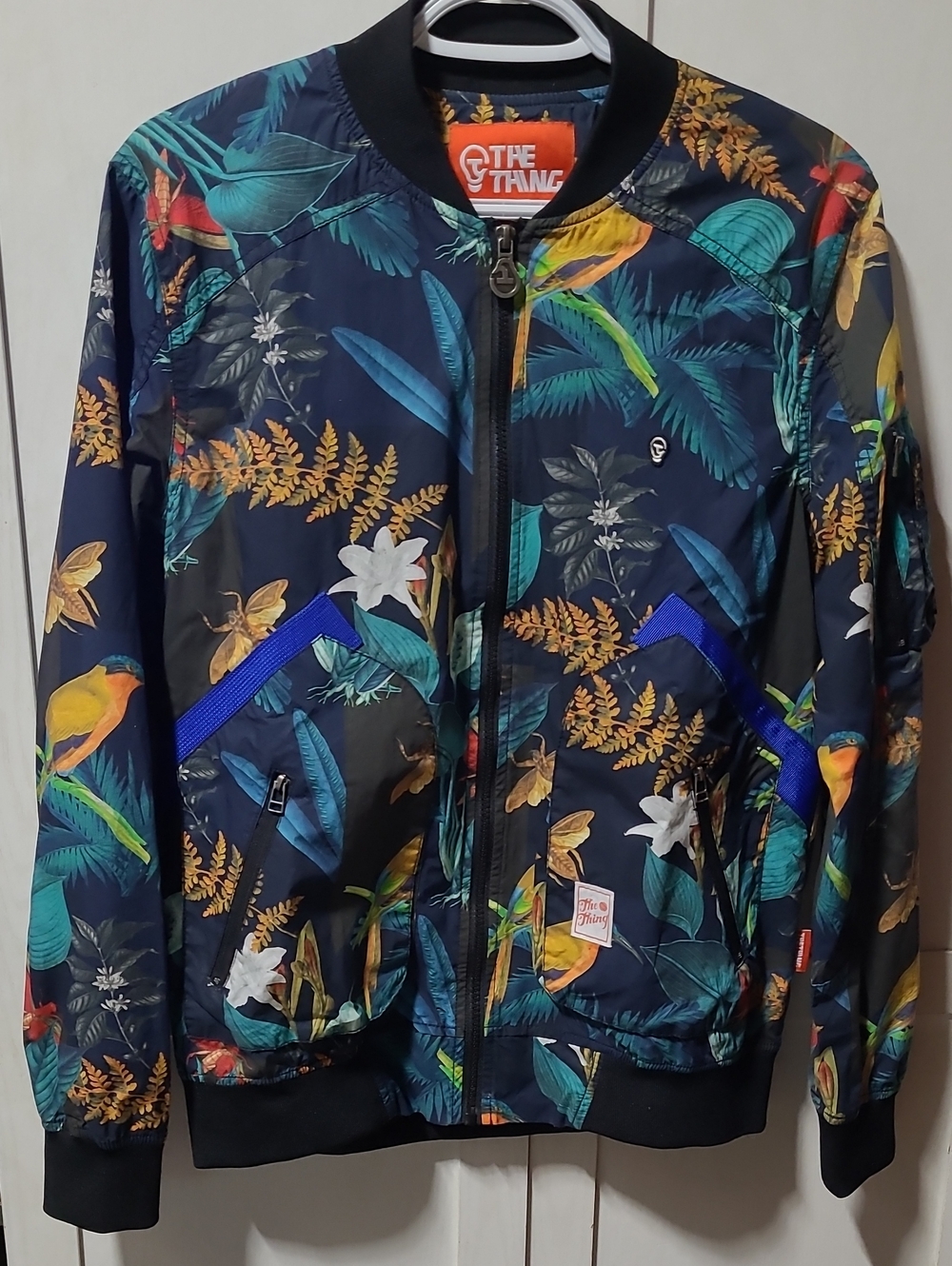 The Thing Tropical Floral Bomber Jacket in Navy with Multicolor Birds Unisex